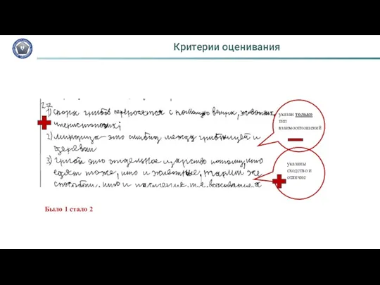 Критерии оценивания Было 1 стало 2 указан только тип взаимоотношений указаны сходство и отличие