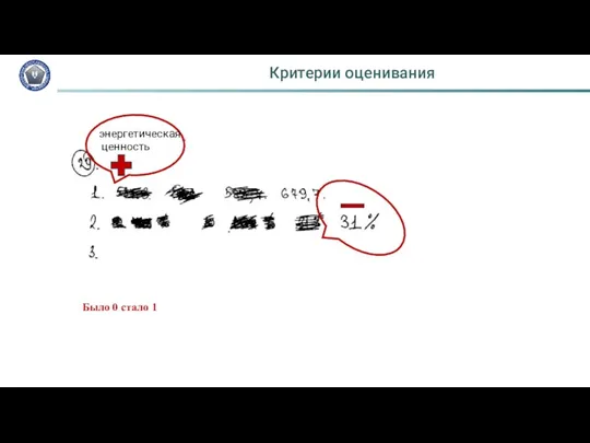 Критерии оценивания Было 0 стало 1 энергетическая ценность