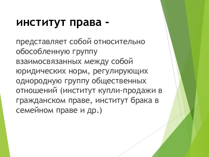 институт права - представляет собой относительно обособленную группу взаимосвязанных между