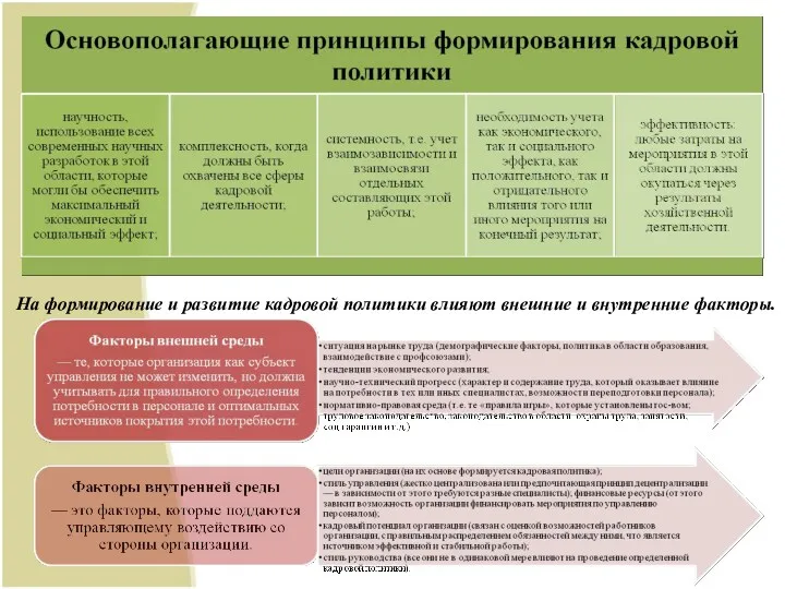 На формирование и развитие кадровой политики влияют внешние и внутренние факторы.