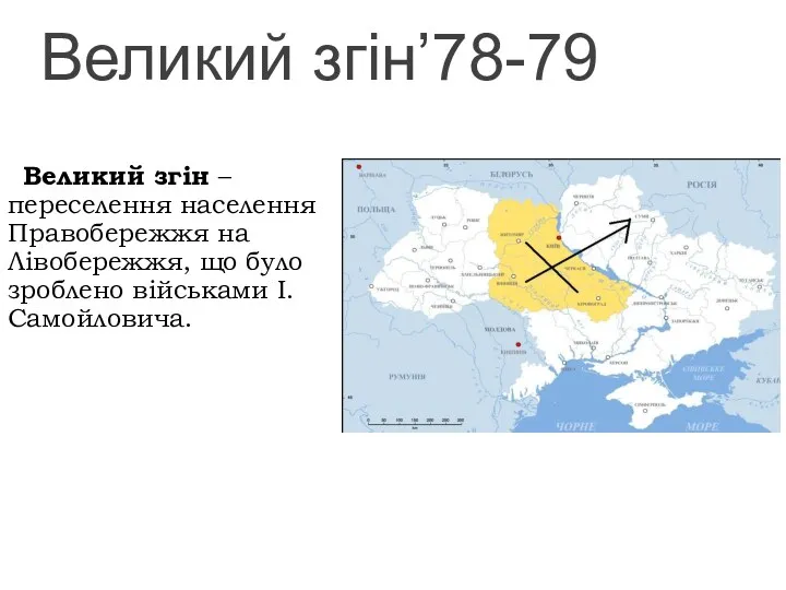 Великий згін’78-79 Великий згін –переселення населення Правобережжя на Лівобережжя, що було зроблено військами І. Самойловича.