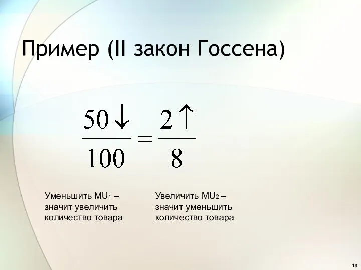 Пример (II закон Госсена) Уменьшить MU1 – значит увеличить количество