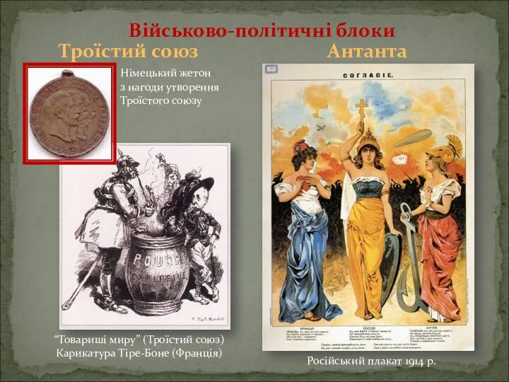 Військово-політичні блоки Антанта Троїстий союз Німецький жетон з нагоди утворення