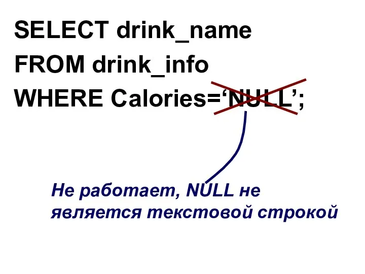SELECT drink_name FROM drink_info WHERE Calories=‘NULL’; Не работает, NULL не является текcтовой строкой