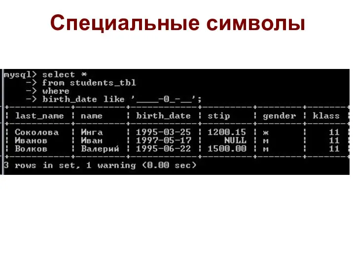 Специальные символы SELECT first_name FROM my_contacts WHERE first_name LIKE ‘_им';