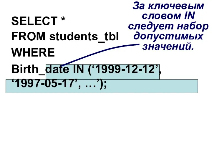SELECT * FROM students_tbl WHERE Birth_date IN (‘1999-12-12’, ‘1997-05-17’, …’);
