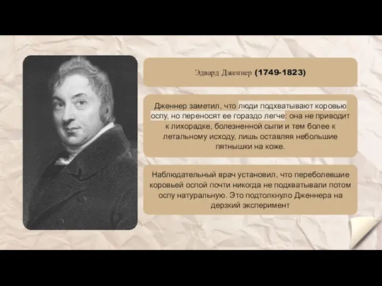 Эдвард Дженнер (1749-1823) Дженнер заметил, что люди подхватывают коровью оспу, но переносят ее