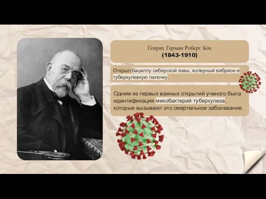 Генрих Герман Роберт Кох (1843-1910) Открыл бациллу сибирской язвы, холерный вибрион и туберкулезную