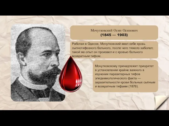 Мочутковский Осип Осипович (1845 — 1903) Работая в Одессе, Мочутковский ввел себе кровь