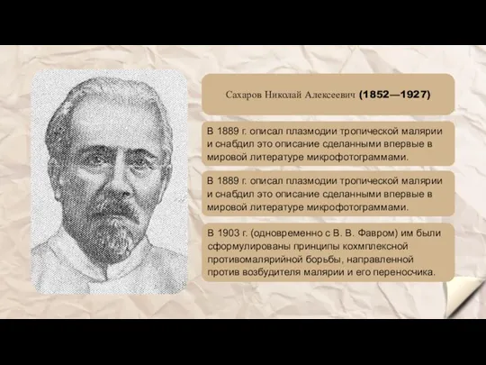 Сахаров Николай Алексеевич (1852—1927) В 1889 г. описал плазмодии тропической малярии и снабдил