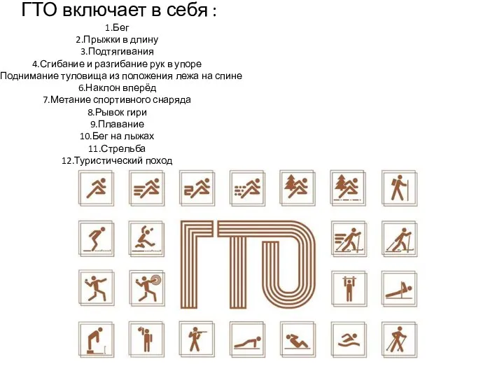 ГТО включает в себя : 1.Бег 2.Прыжки в длину 3.Подтягивания