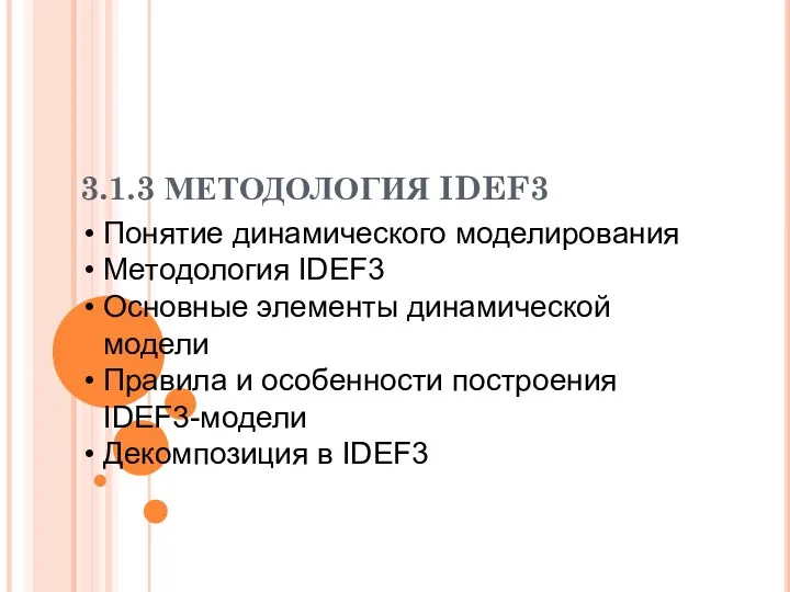 3.1.3 МЕТОДОЛОГИЯ IDEF3 Понятие динамического моделирования Методология IDEF3 Основные элементы