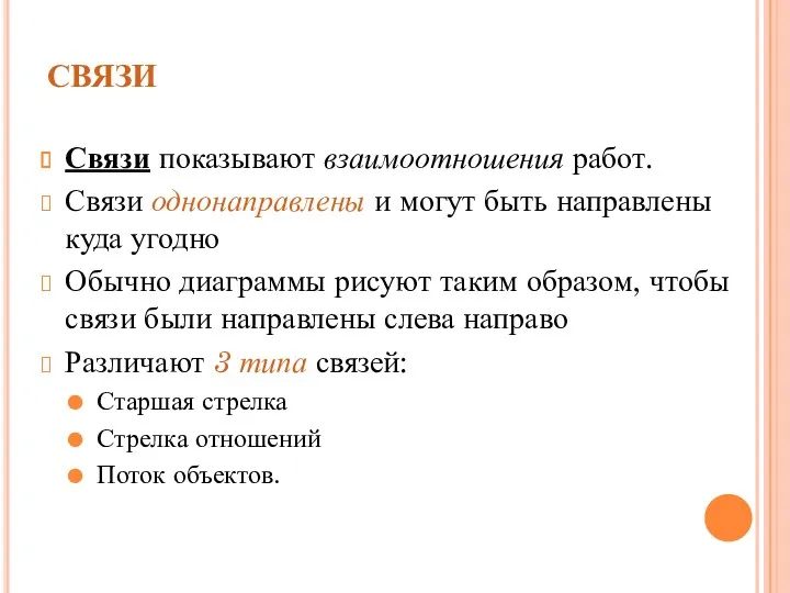 СВЯЗИ Связи показывают взаимоотношения работ. Связи однонаправлены и могут быть