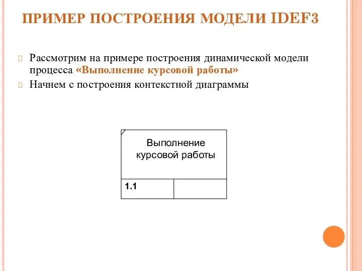 ПРИМЕР ПОСТРОЕНИЯ МОДЕЛИ IDEF3 Рассмотрим на примере построения динамической модели