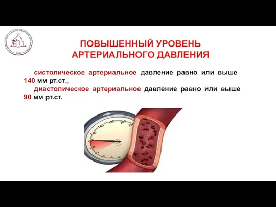 ПОВЫШЕННЫЙ УРОВЕНЬ АРТЕРИАЛЬНОГО ДАВЛЕНИЯ систолическое артериальное давление равно или выше