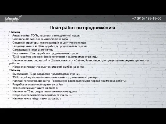 План работ по продвижению: 1 Месяц Анализ сайта, ТОПа, тематики