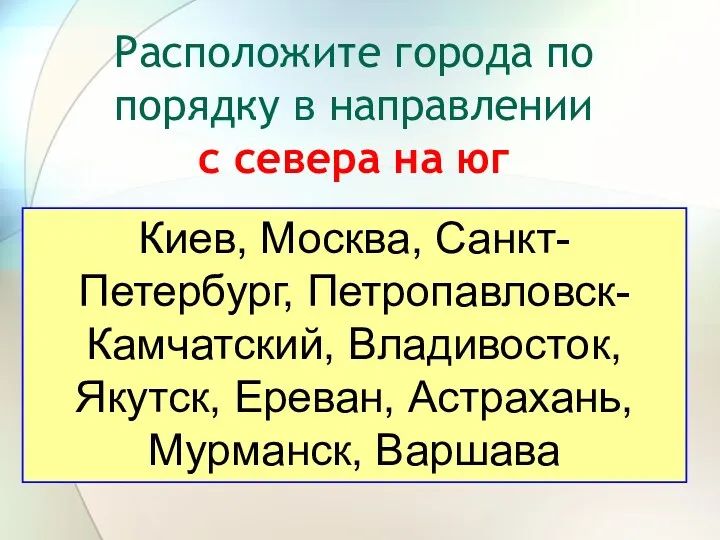 Расположите города по порядку в направлении с севера на юг