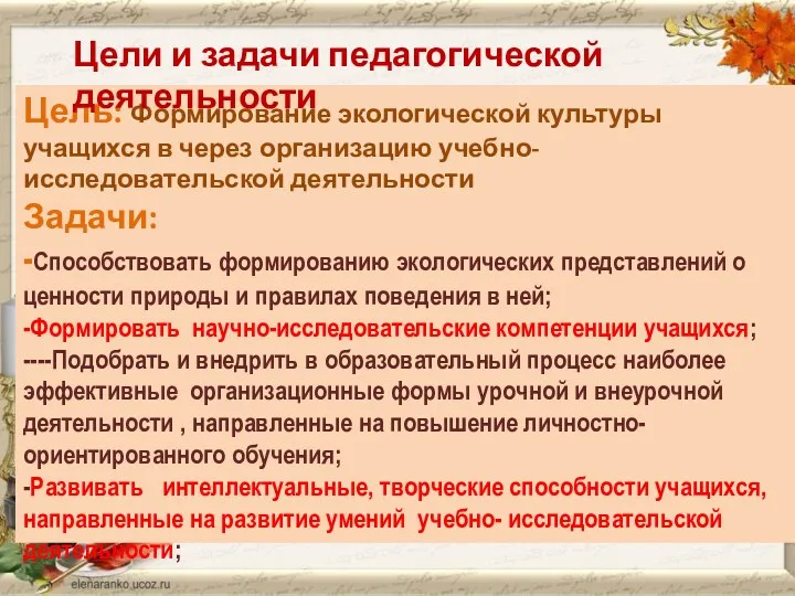 Цель: Формирование экологической культуры учащихся в через организацию учебно- исследовательской