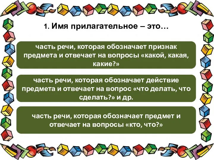 1. Имя прилагательное – это… часть речи, которая обозначает признак