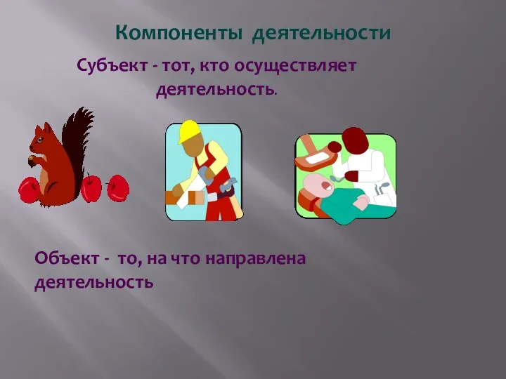 Компоненты деятельности Субъект - тот, кто осуществляет деятельность. Объект - то, на что направлена деятельность