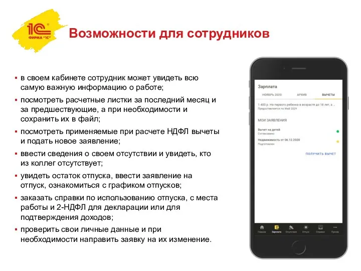 Возможности для сотрудников в своем кабинете сотрудник может увидеть всю