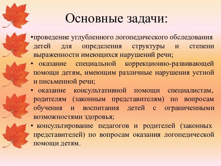 Основные задачи: проведение углубленного логопедического обследования детей для определения структуры