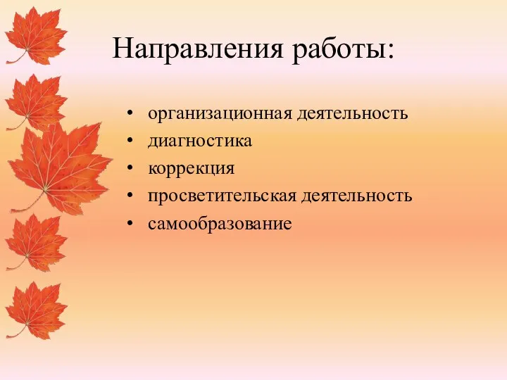 Направления работы: организационная деятельность диагностика коррекция просветительская деятельность самообразование