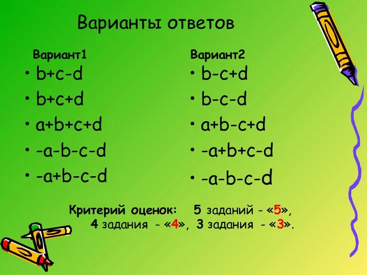 Варианты ответов Вариант1 b+c-d b+c+d a+b+c+d -a-b-c-d -a+b-c-d Вариант2 b-c+d