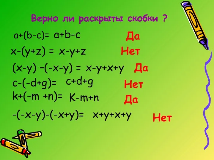 Верно ли раскрыты скобки ? a+(b-c)= a+b-c Да x-(y+z) =