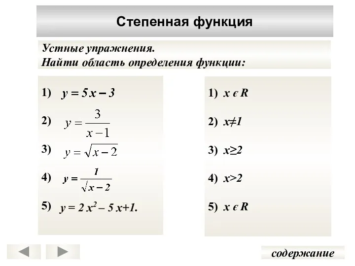 1) 2) 3) 4) 5) Степенная функция содержание Устные упражнения.