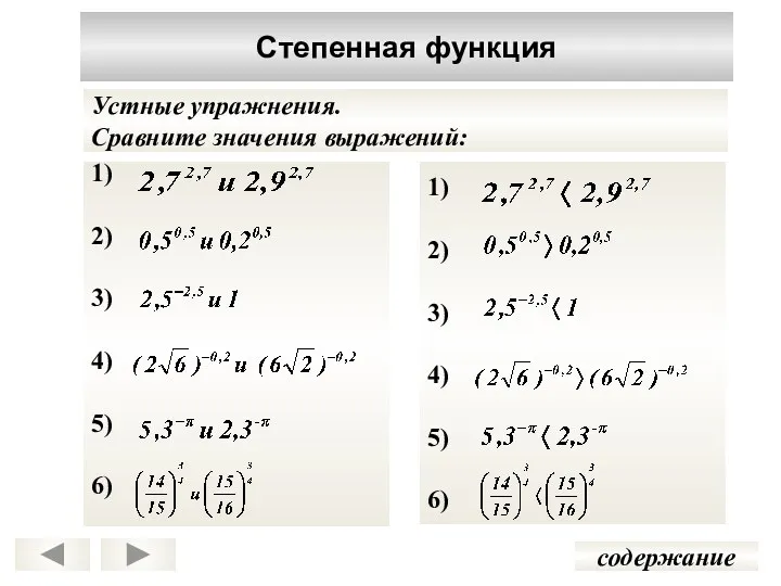 1) 2) 3) 4) 5) 6) Степенная функция содержание Устные