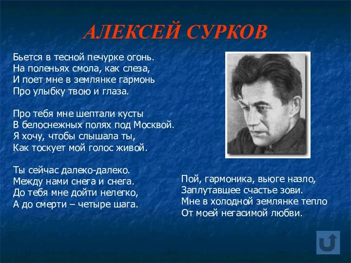 АЛЕКСЕЙ СУРКОВ Бьется в тесной печурке огонь. На поленьях смола,