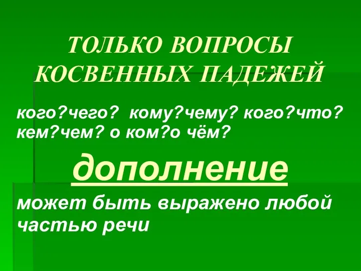 ТОЛЬКО ВОПРОСЫ КОСВЕННЫХ ПАДЕЖЕЙ кого?чего? кому?чему? кого?что? кем?чем? о ком?о