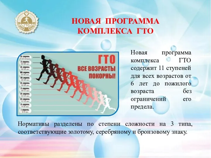 Нормативы разделены по степени сложности на 3 типа, соответствующие золотому,