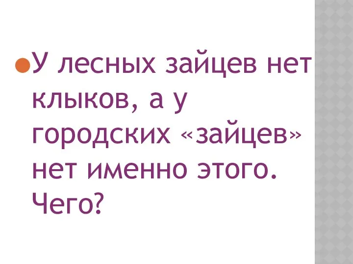 У лесных зайцев нет клыков, а у городских «зайцев» нет именно этого. Чего?