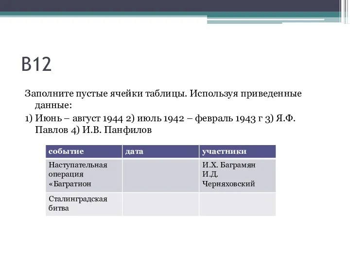 В12 Заполните пустые ячейки таблицы. Используя приведенные данные: 1) Июнь