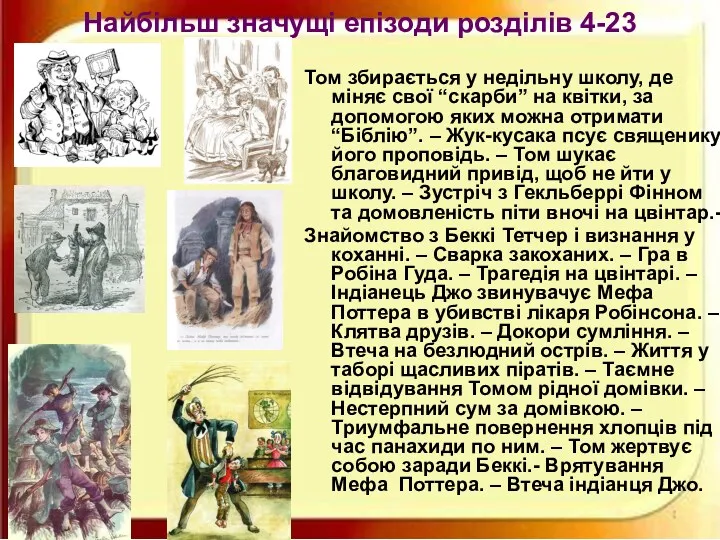 Найбільш значущі епізоди розділів 4-23 Том збирається у недільну школу,