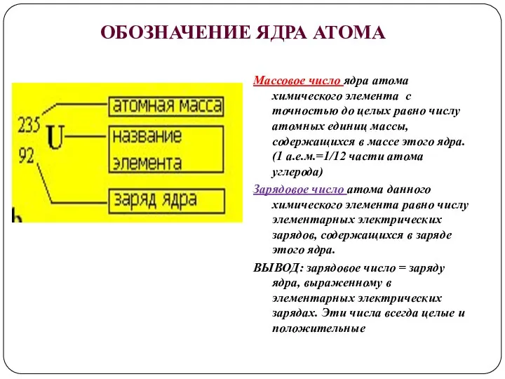 . ОБОЗНАЧЕНИЕ ЯДРА АТОМА Массовое число ядра атома химического элемента