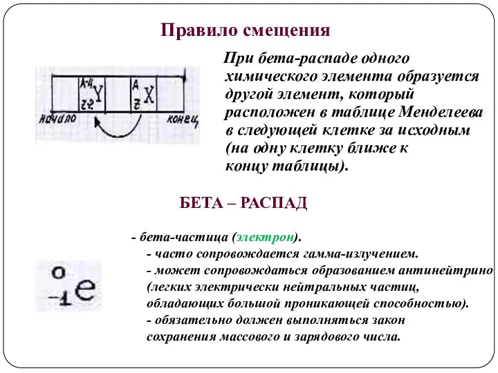 Правило смещения При бета-распаде одного химического элемента образуется другой элемент,