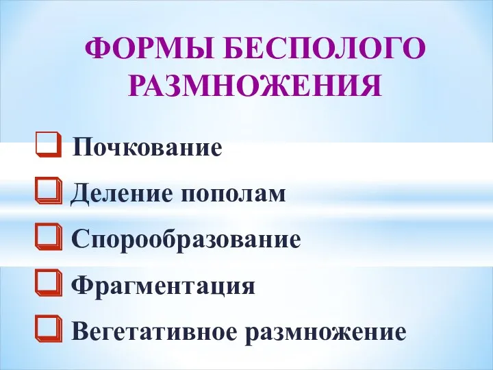 Почкование Деление пополам Спорообразование Фрагментация Вегетативное размножение ФОРМЫ БЕСПОЛОГО РАЗМНОЖЕНИЯ