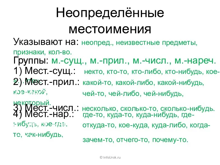 Неопределённые местоимения © InfoUrok.ru Указывают на: неопред., неизвестные предметы, признаки,