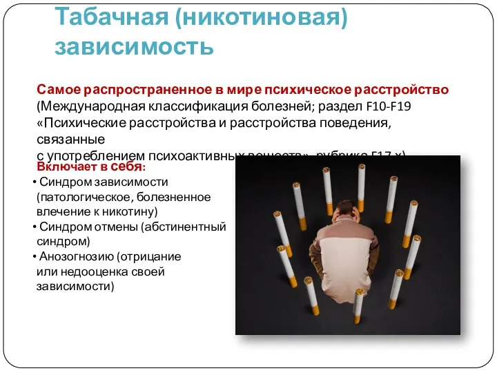 Табачная (никотиновая) зависимость Самое распространенное в мире психическое расстройство (Международная