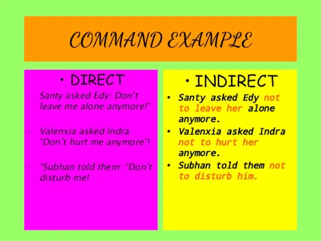 COMMAND EXAMPLE DIRECT Santy asked Edy: Don’t leave me alone