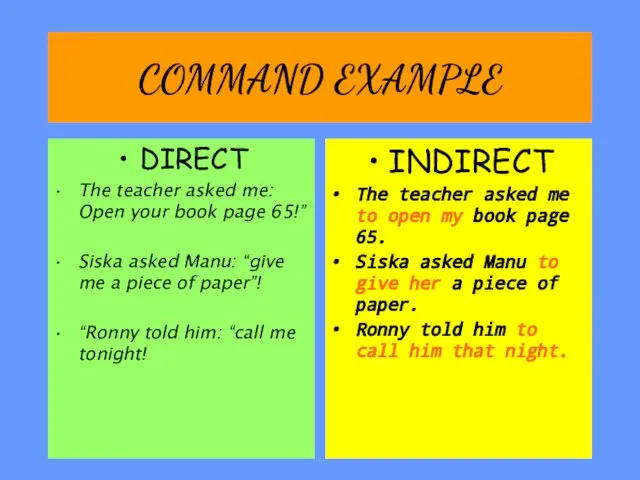 COMMAND EXAMPLE DIRECT The teacher asked me: Open your book