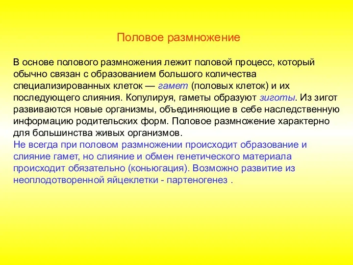 Половое размножение В основе полового размножения лежит половой процесс, который