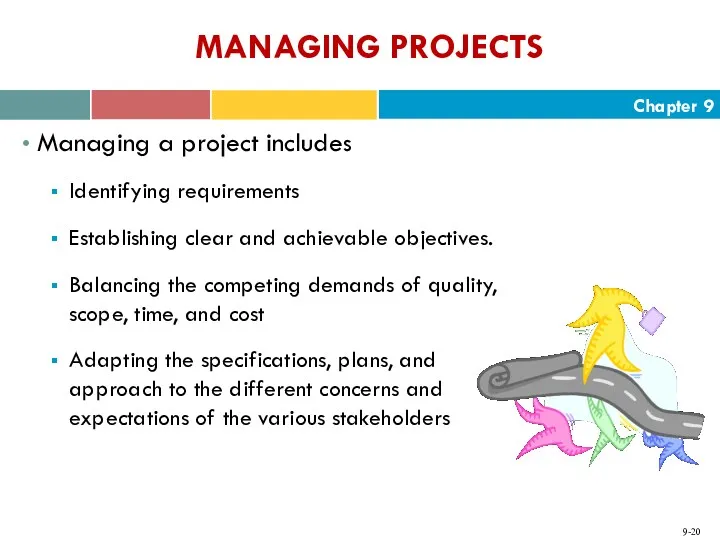 MANAGING PROJECTS Managing a project includes Identifying requirements Establishing clear