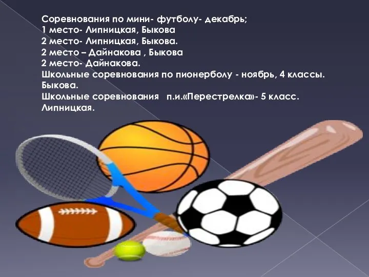 Соревнования по мини- футболу- декабрь; 1 место- Липницкая, Быкова 2