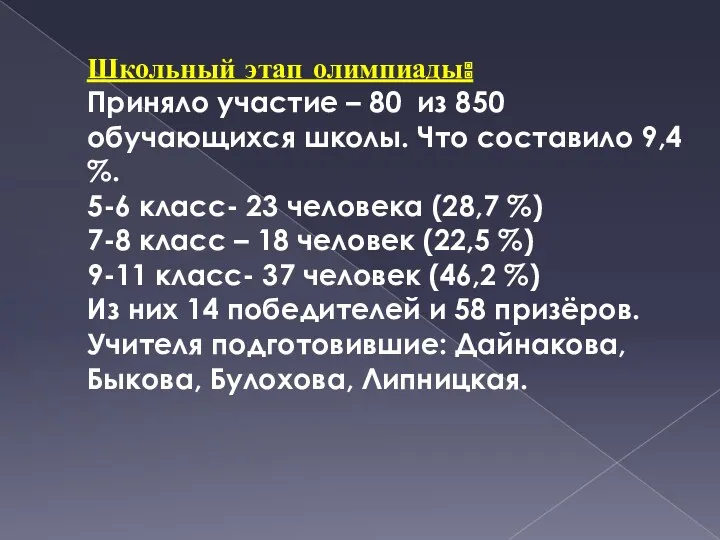 Школьный этап олимпиады: Приняло участие – 80 из 850 обучающихся