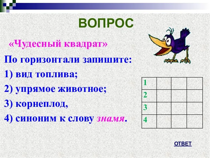 ВОПРОС «Чудесный квадрат» По горизонтали запишите: 1) вид топлива; 2)