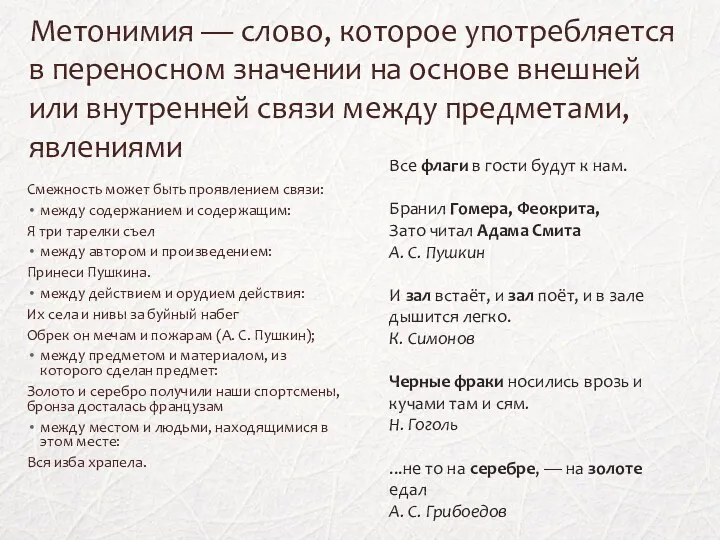 Метонимия — слово, которое употребляется в переносном значении на основе